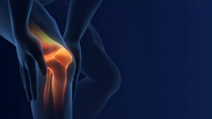 3D medical illustration showing knee joint with highlighted meniscus pain