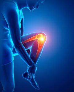 3D anatomical illustration of knee joint pain highlighted in orange against blue background