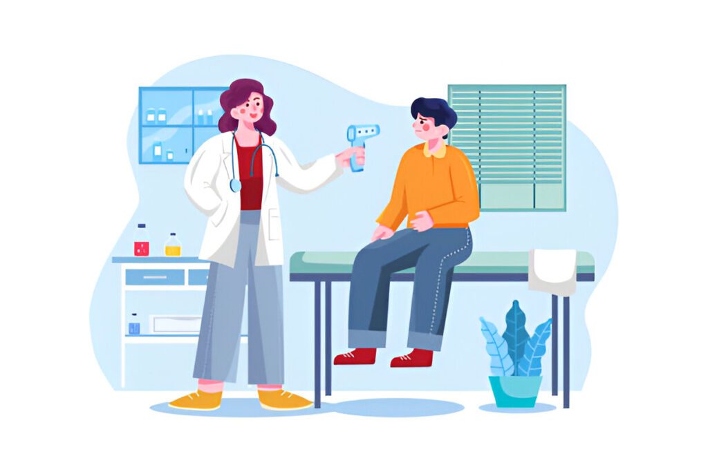 Illustration of doctor with thermometer screening patient in clinical setting with medical cabinet and examination table