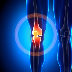 Cross-sectional medical illustration of knee joint with highlighted areas in red and yellow against blue circular background