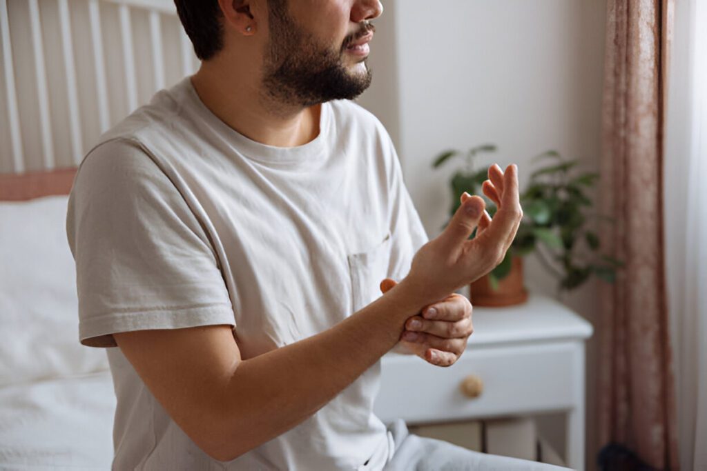 Person in white t-shirt examining hand mobility in home recovery setting