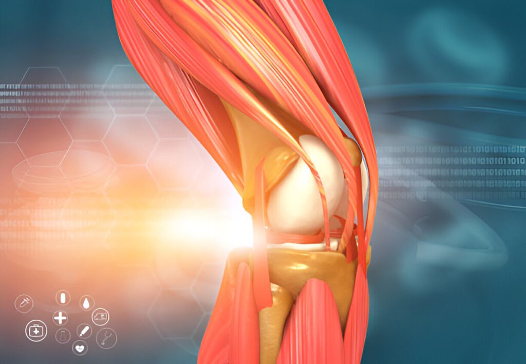 3D medical illustration of knee joint anatomy with muscles and cartilage against a digital background with medical icons