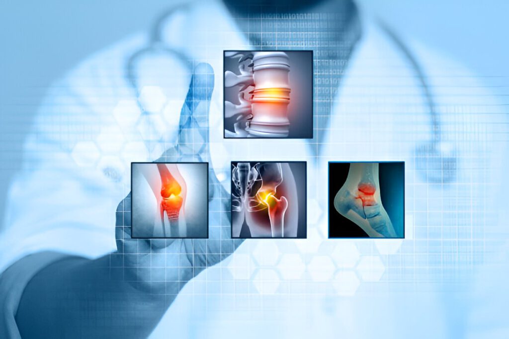 Digital medical interface showing spine, knee, hip, and foot bone conditions with highlighted pain points