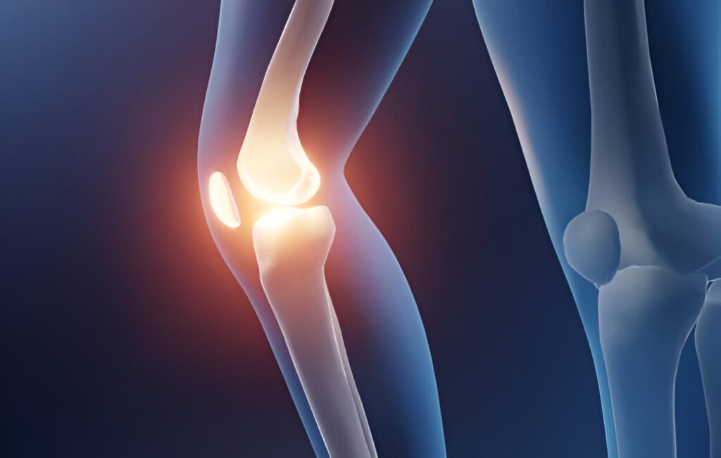 3D medical illustration of knee joint anatomy showing bones and surrounding tissue with highlighted inflammation area.