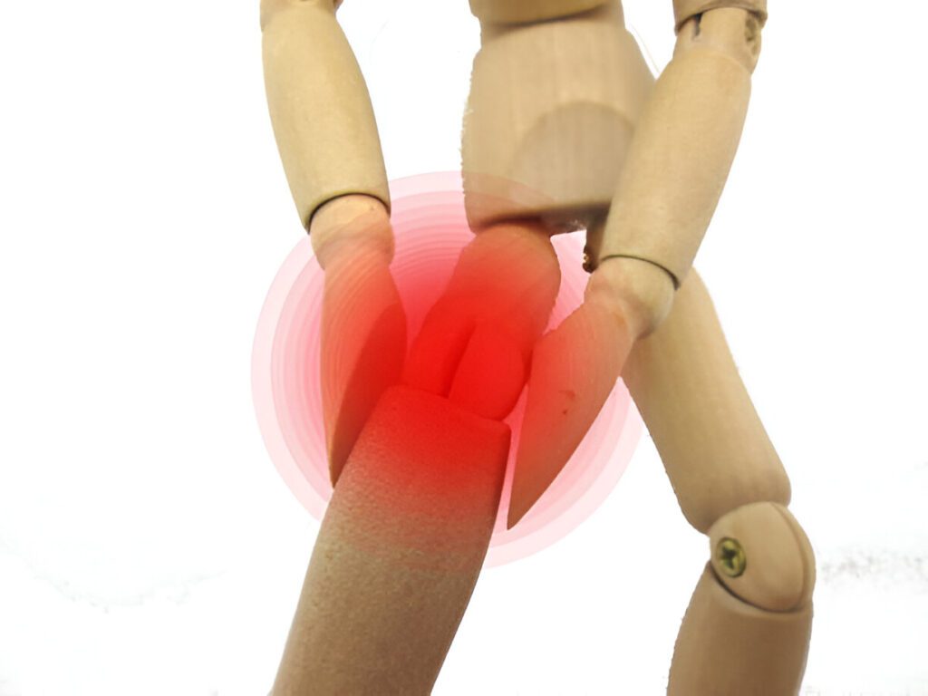 3D anatomical model showing red highlighted area indicating joint pain and inflammation