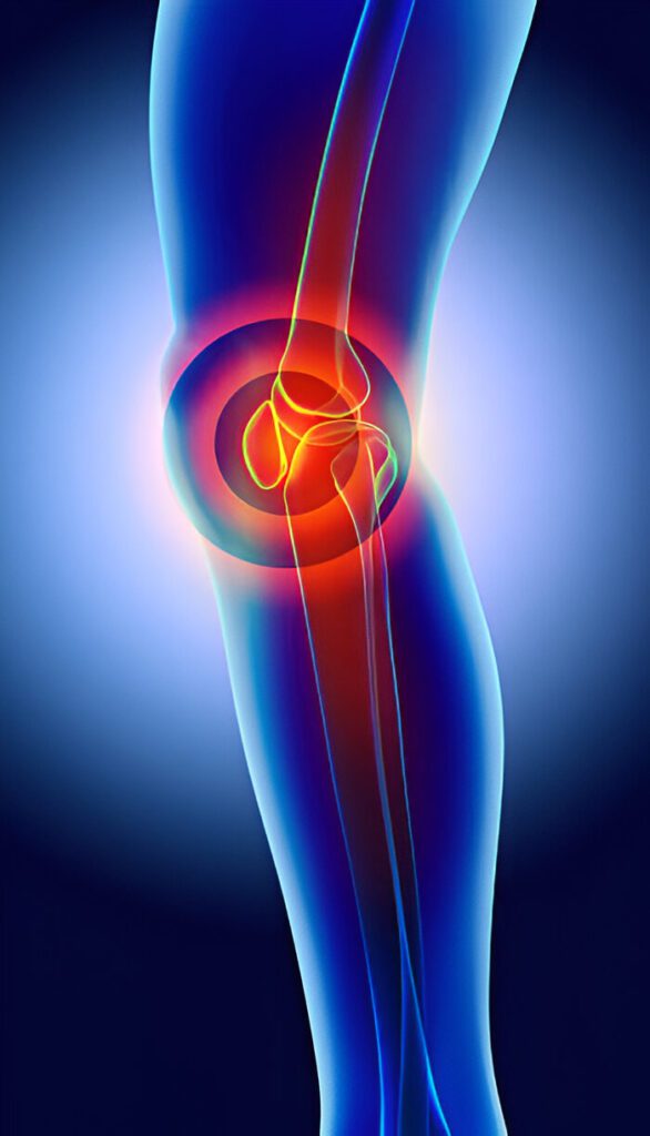 3D anatomical illustration of knee joint with highlighted pain areas in red against blue background