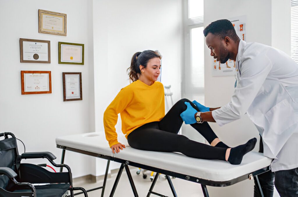Physical therapist in white coat and blue gloves examining patient in yellow sweater on treatment table during rehabilitation session.