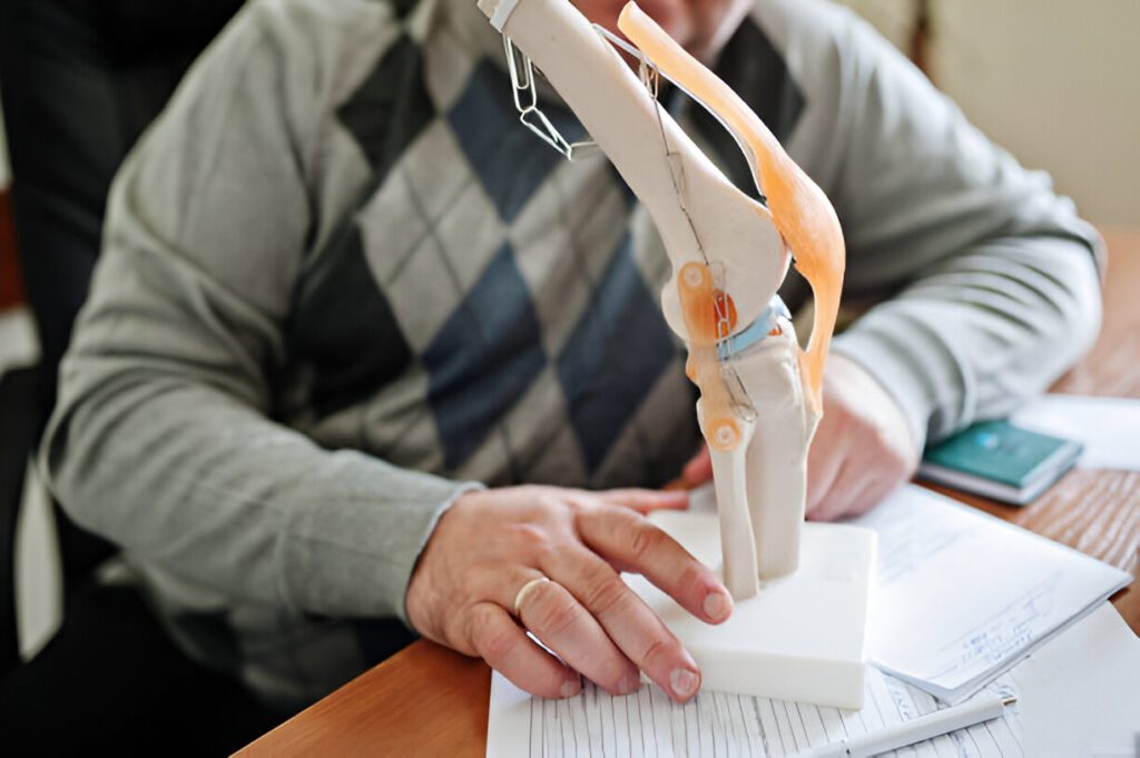 Close-up of hands examining anatomical knee joint model on white surface with medical documents