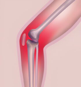 Anatomical illustration showing knee joint inflammation with red coloring indicating affected areas around the meniscus.