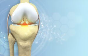 3D anatomical illustration of knee joint showing meniscus cartilage with molecular structure overlay on blue background